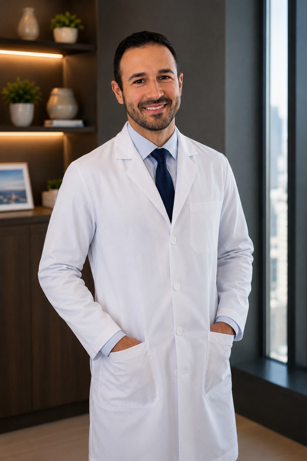 Dr. Felipe Fernandes, ortopedista especialista em coluna, de jaleco no consultório